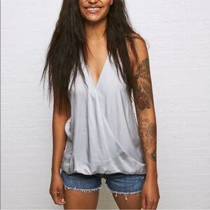 Don’t Ask Why Made in Italy Gray Satin Surplice Top